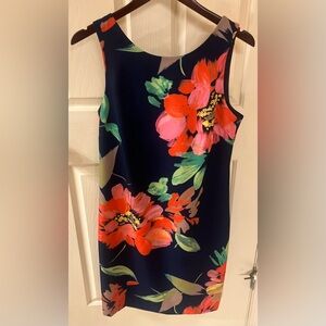 Trina Turk Printed Bow-Back Navy Floral Sheath Dress, Size 8.